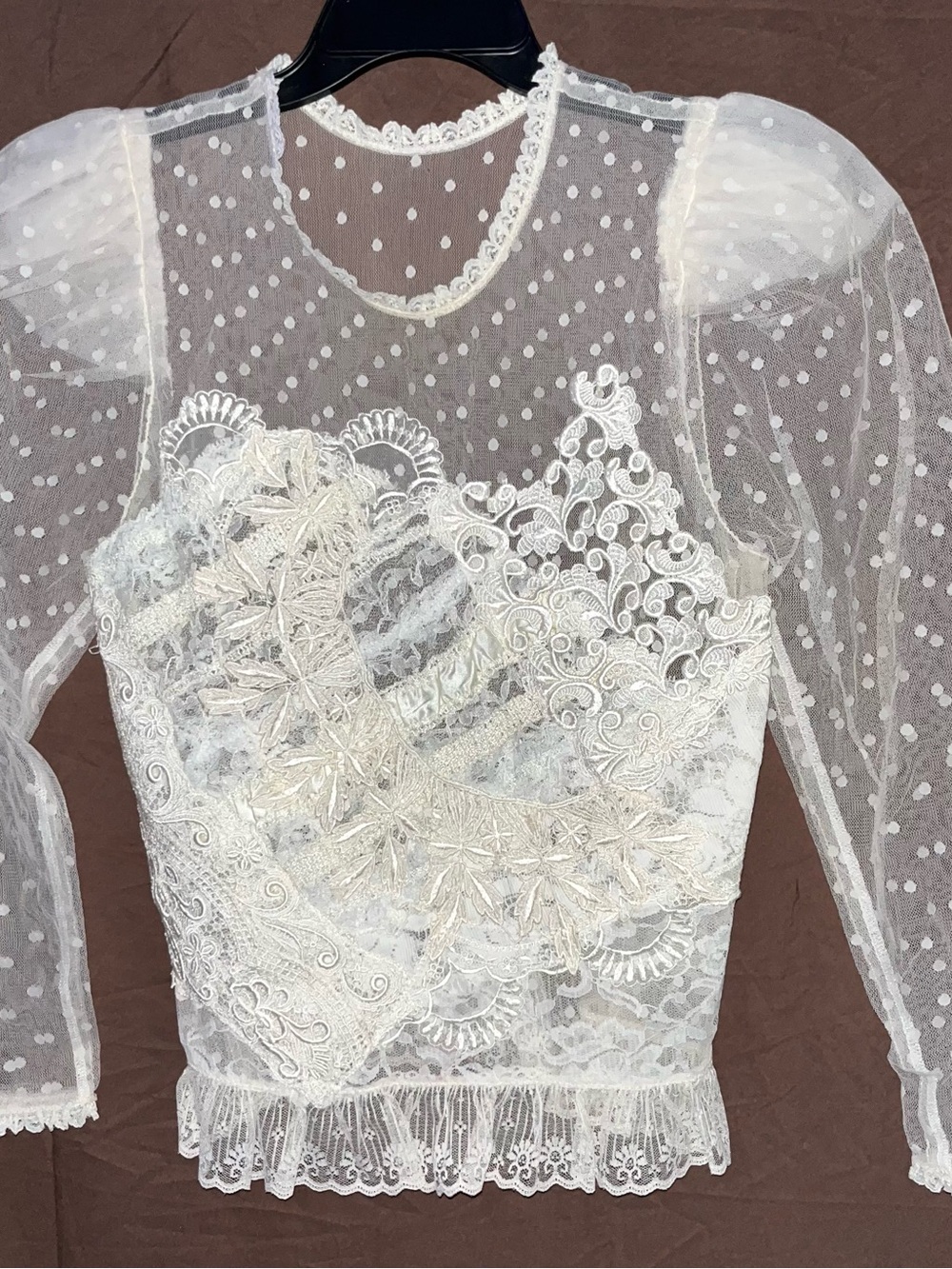 Ivory Sheer Polka Dot Lace Embroidered Puff Sleeve Top